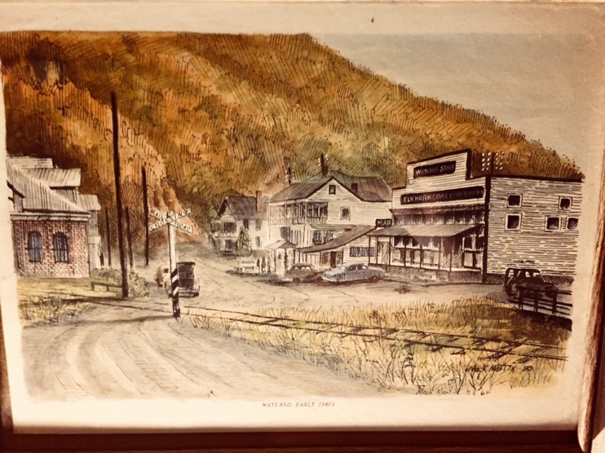 A beautiful drawing of a section of town in Wayland, Kentucky in the early 1940s by Mack Martin SE 66